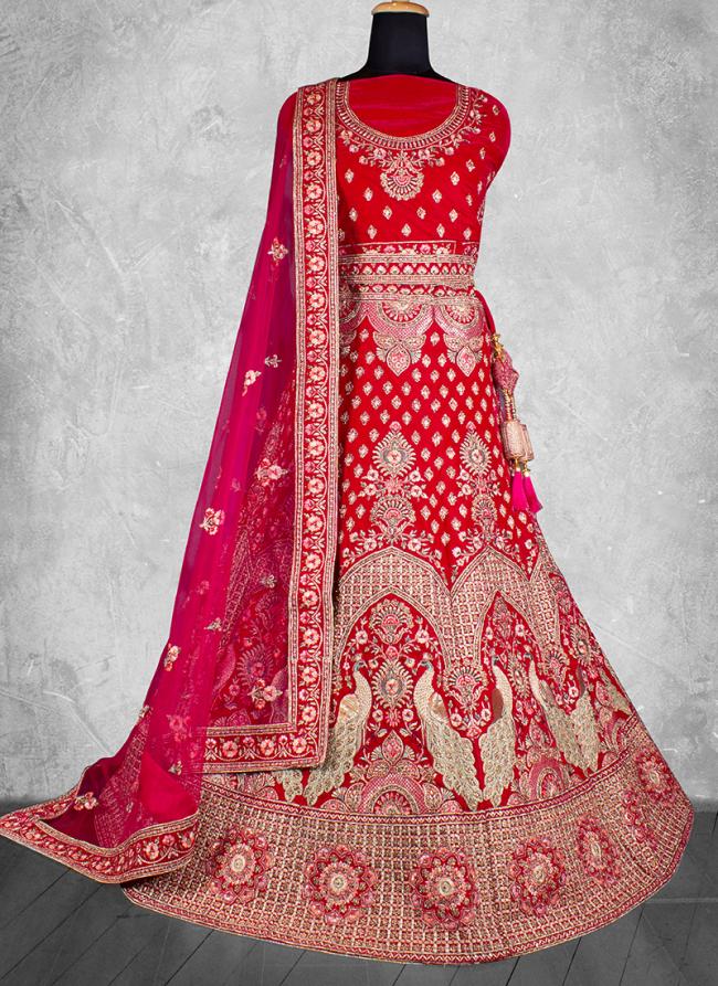 Velvet Red Bridal Wear Embroidery Work Lehenga Choli